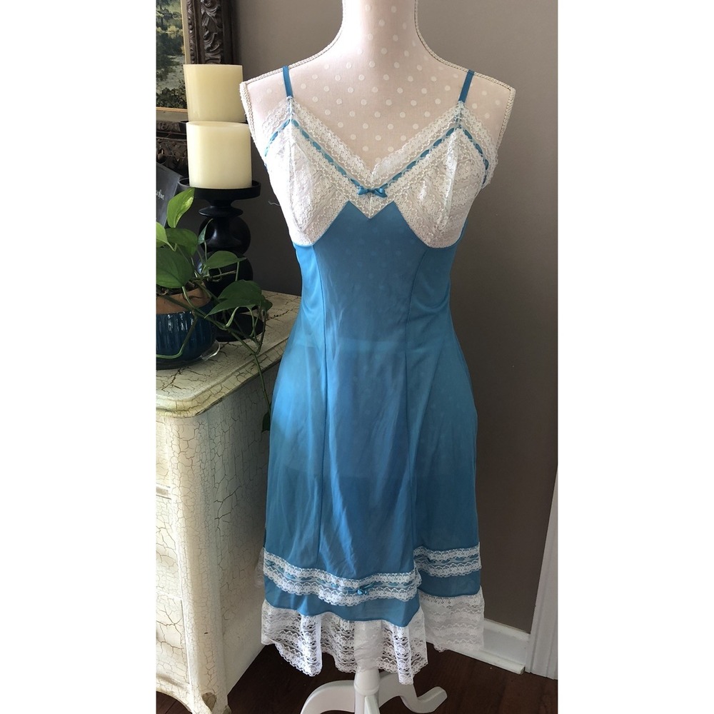 Vtg Rare 1960s Slip Dress Nylon Lace Helion Castello Blue W/White Lace Women's S